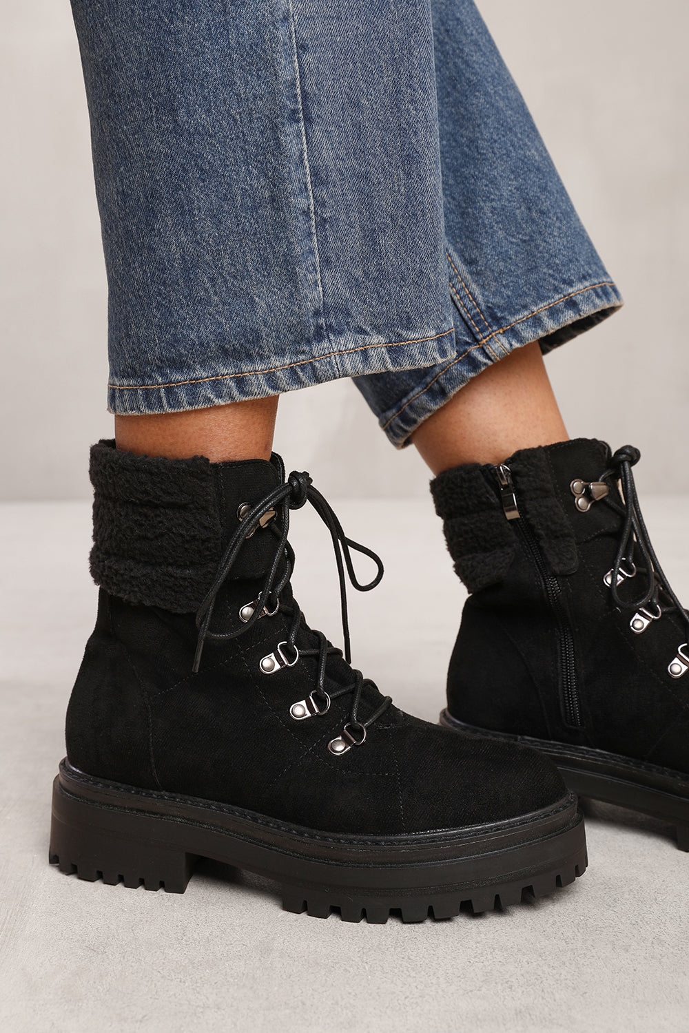 LUNA LACE UP ANKLE BOOT WITH SHERPA TRIM AND CHUNKY SOLE IN BLACK SUEDE