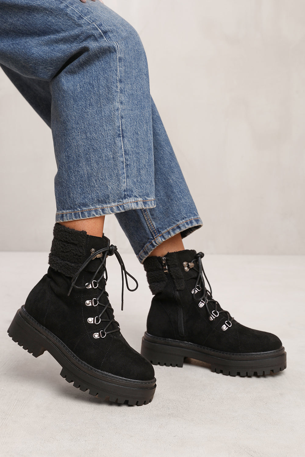 LUNA LACE UP ANKLE BOOT WITH SHERPA TRIM AND CHUNKY SOLE IN BLACK SUEDE