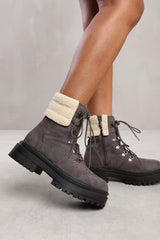 LUNA LACE UP ANKLE BOOT WITH SHERPA TRIM AND CHUNKY SOLE IN GREY SUEDE