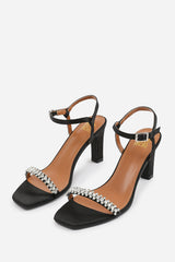 NALA DIAMANTE EMBELLISHED STRAPPY BLOCK HEEL IN BLACK SATIN