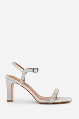 NALA WIDE FIT DIAMANTE EMBELLISHED STRAPPY BLOCK HEEL IN SILVER SATIN