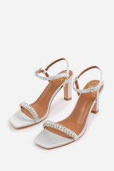 NALA DIAMANTE EMBELLISHED STRAPPY BLOCK HEEL IN SILVER SATIN