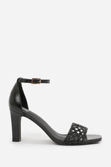 NAIA WIDE FIT BRAIDED STRAPPY BLOCK HEEL ADJUSTABLE BUCKLE IN BLACK CRINKLE FAUX LEATHER