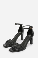 NAIA WIDE FIT BRAIDED STRAPPY BLOCK HEEL ADJUSTABLE BUCKLE IN BLACK CRINKLE FAUX LEATHER