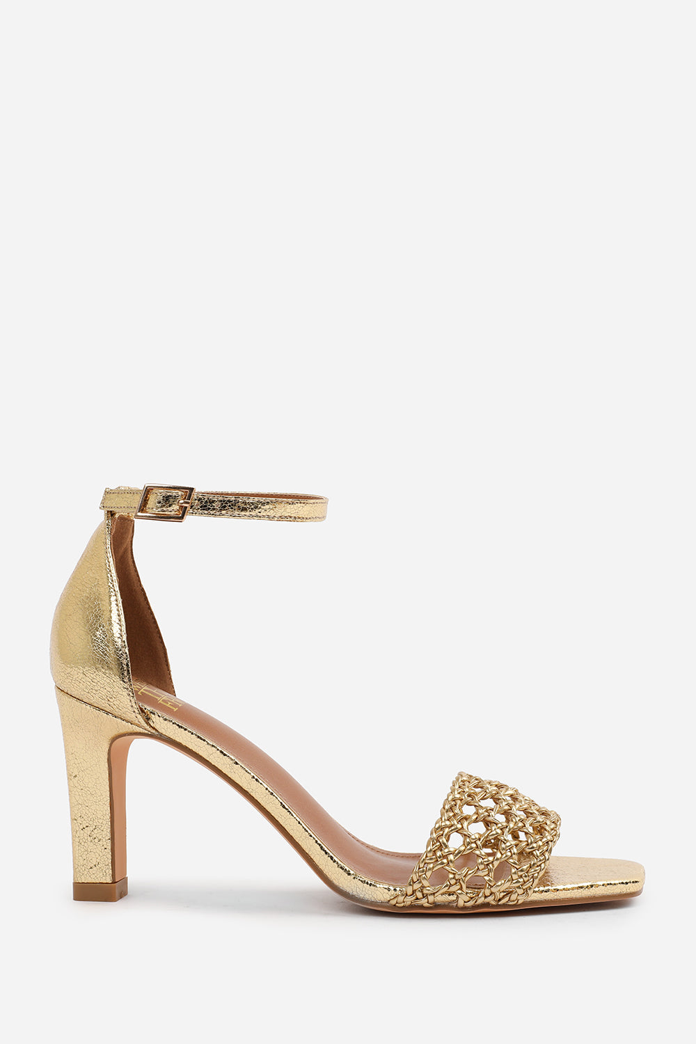 NAIA WIDE FIT BRAIDED STRAPPY BLOCK HEEL ADJUSTABLE BUCKLE IN GOLD CRINKLE FAUX LEATHER