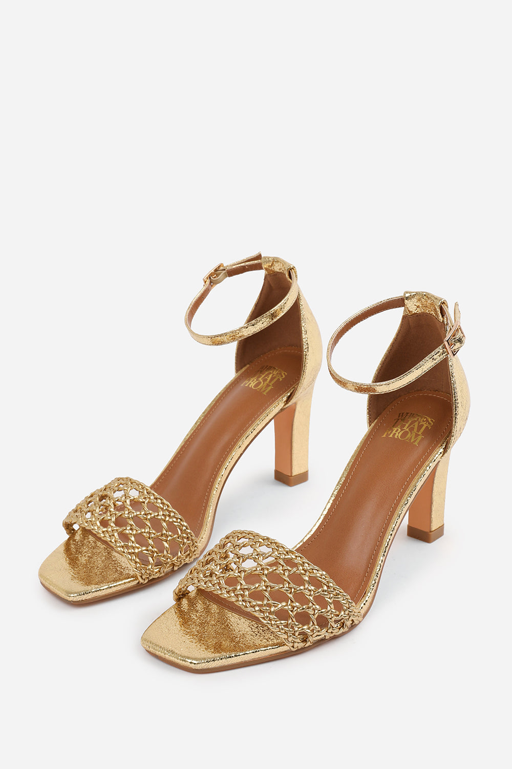 NAIA BRAIDED STRAPPY BLOCK HEEL ADJUSTABLE BUCKLE IN GOLD CRINKLE FAUX LEATHER