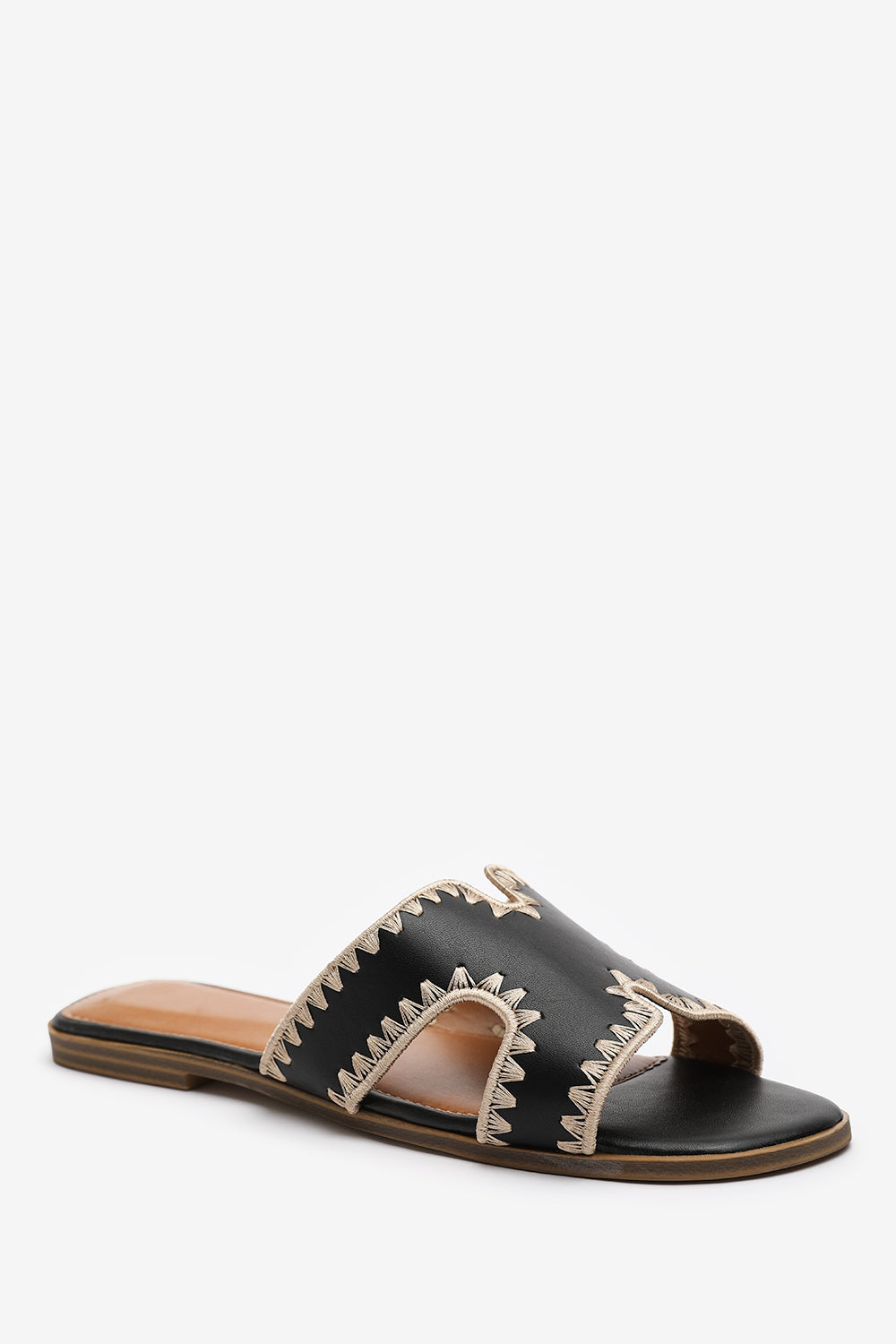 NYOMI CUT OUT STRAP FLAT SANDALS WITH STITCHING DETAIL IN BLACK FAUX LEATHER