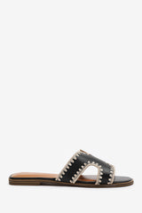 NYOMI CUT OUT STRAP FLAT SANDALS WITH STITCHING DETAIL IN BLACK FAUX LEATHER