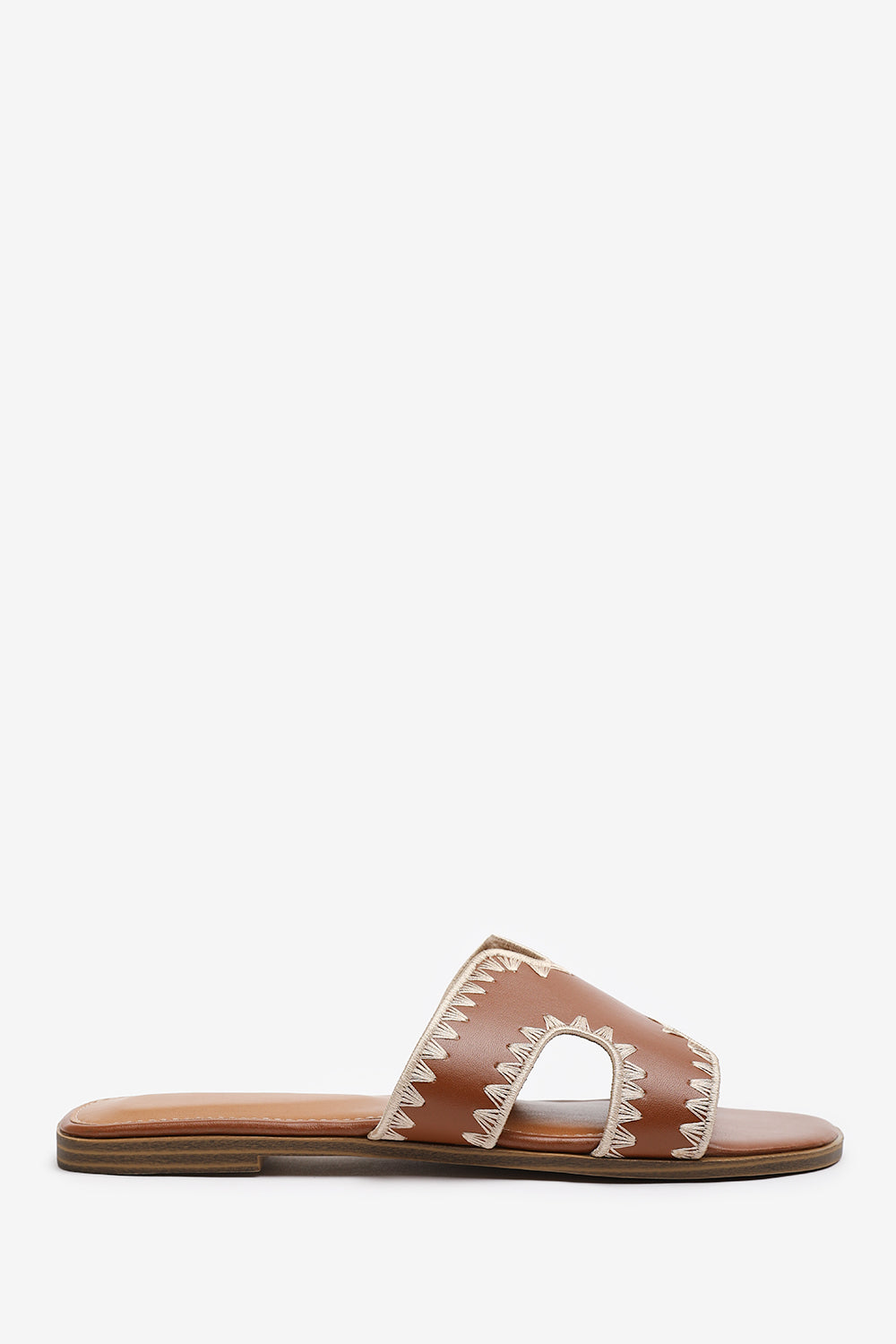 NYOMI CUT OUT STRAP FLAT SANDALS WITH STITCHING DETAIL IN TAN FAUX LEATHER