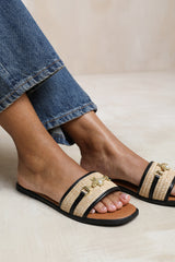 HARMONY PU STRAW DETAIL STRAP SANDALS IN BLACK FAUX LEATHER