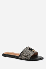 FRANKII STRAP SANDAL WITH FRONT STRAW STRAP LOCK DETAIL IN BLACK