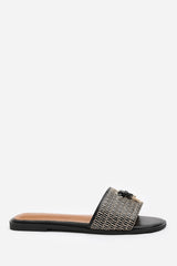 FRANKII STRAP SANDAL WITH FRONT STRAW STRAP LOCK DETAIL IN BLACK