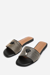 FRANKII STRAP SANDAL WITH FRONT STRAW STRAP LOCK DETAIL IN BLACK