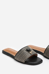 FRANKII STRAP SANDAL WITH FRONT STRAW STRAP LOCK DETAIL IN BLACK