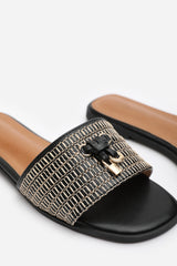 FRANKII STRAP SANDAL WITH FRONT STRAW STRAP LOCK DETAIL IN BLACK