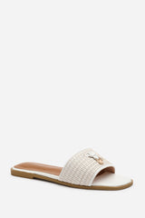 FRANKII STRAP SANDAL WITH FRONT STRAW STRAP LOCK DETAIL IN WHITE