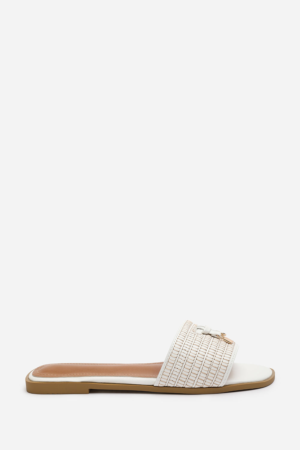 FRANKII STRAP SANDAL WITH FRONT STRAW STRAP LOCK DETAIL IN WHITE