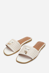 FRANKII STRAP SANDAL WITH FRONT STRAW STRAP LOCK DETAIL IN WHITE
