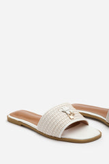 FRANKII STRAP SANDAL WITH FRONT STRAW STRAP LOCK DETAIL IN WHITE