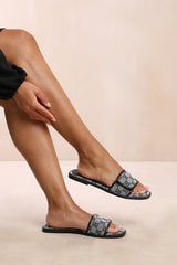 MIRAGE ADJUSTABLE SINGLE BAND FLAT SLIDER SANDALS IN GREY FAUX LEATHER