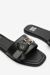 Lucy Black Slip-On Sandals with Buckle Accent Detail