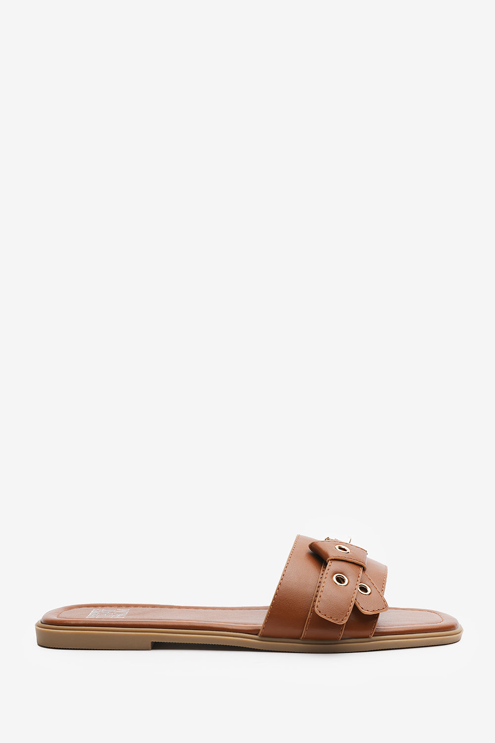 Lucy Tan Slip-On Sandals with Buckle Accent Detail