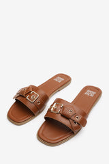 Lucy Tan Slip-On Sandals with Buckle Accent Detail