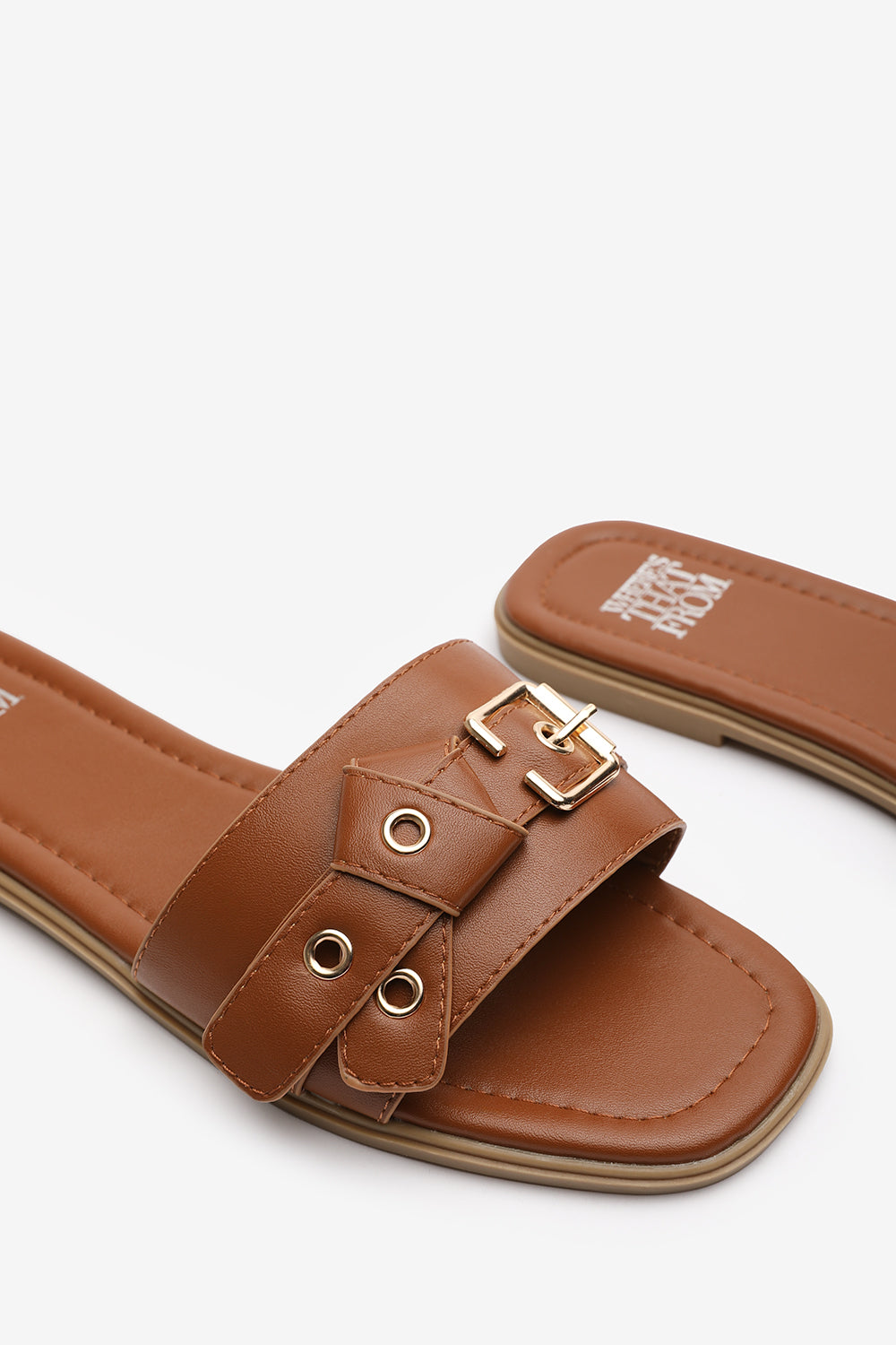 Lucy Tan Slip-On Sandals with Buckle Accent Detail