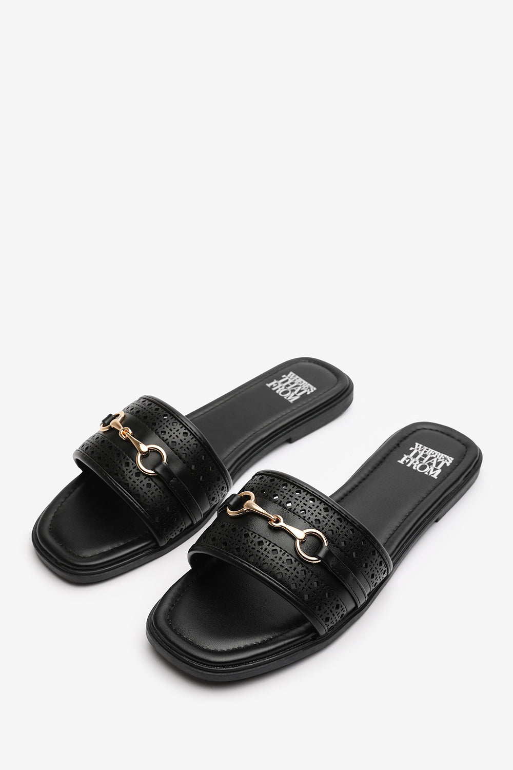 Mackenzie Black Sliders With Geometric Strap And Metal Detail
