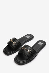 Mackenzie Black Sliders With Geometric Strap And Metal Detail