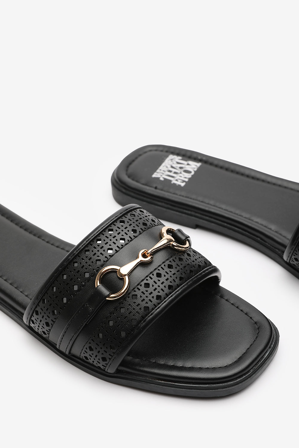 Mackenzie Black Sliders With Geometric Strap And Metal Detail