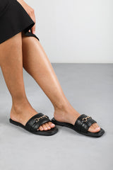 Mackenzie Black Sliders With Geometric Strap And Metal Detail