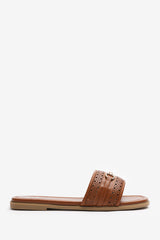 Mackenzie Tan Sliders With Geometric Strap And Metal Detail