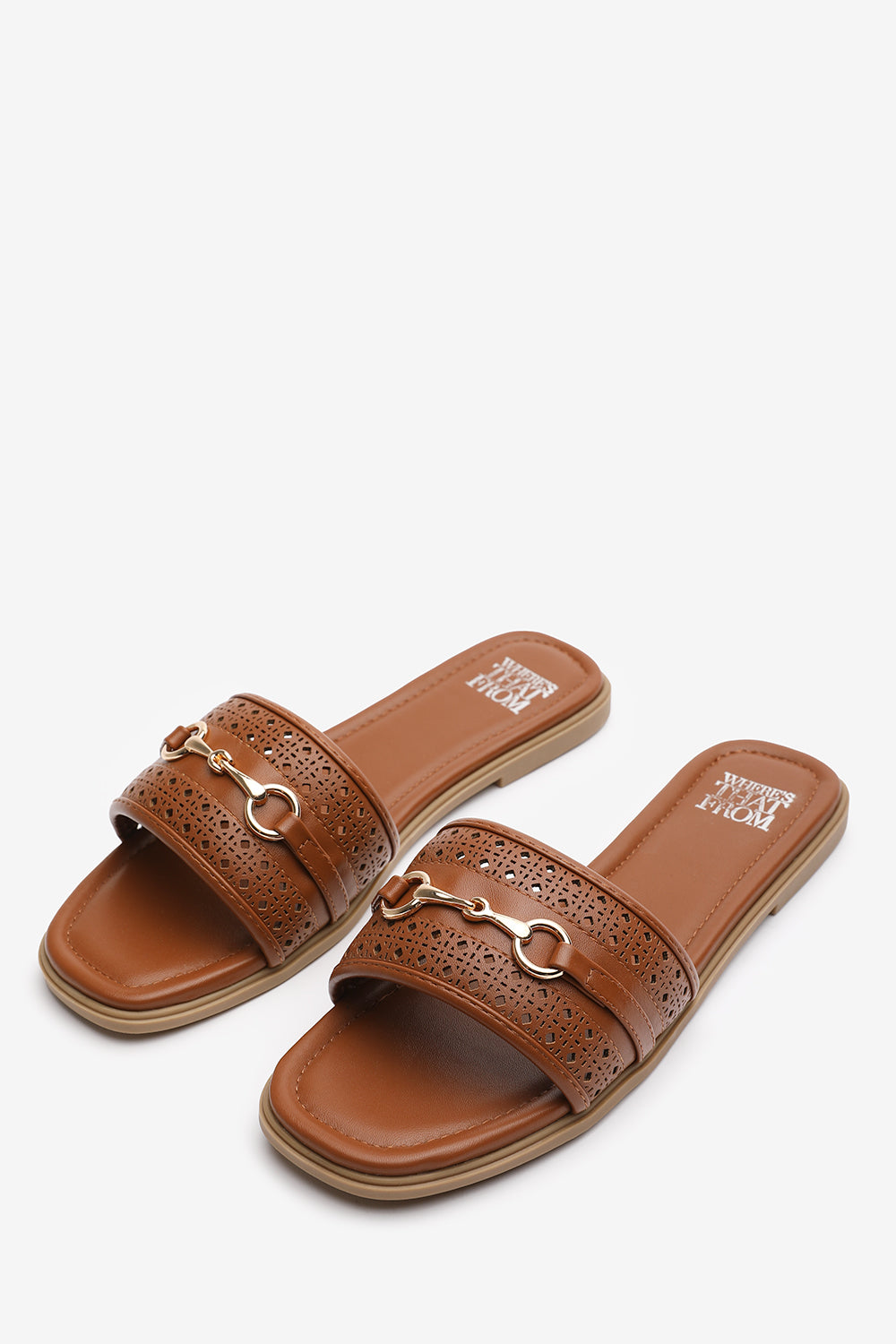 Mackenzie Tan Sliders With Geometric Strap And Metal Detail