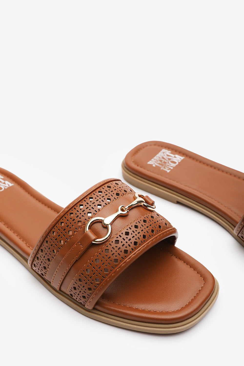 Mackenzie Tan Sliders With Geometric Strap And Metal Detail