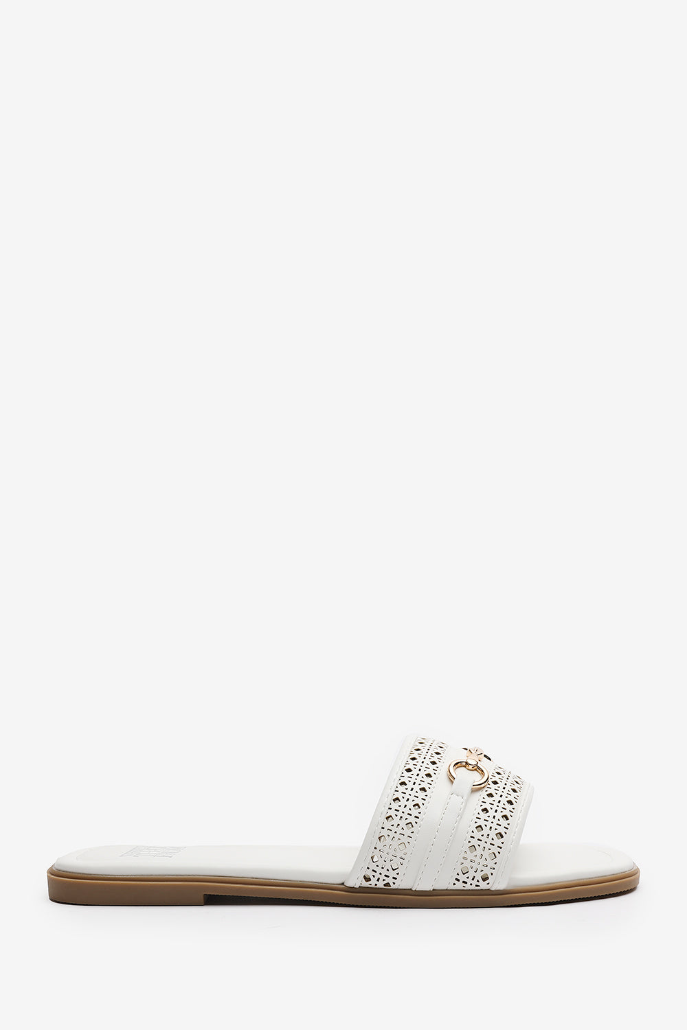 Mackenzie White Sliders With Geometric Strap And Metal Detail