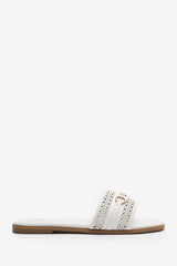 Mackenzie White Sliders With Geometric Strap And Metal Detail