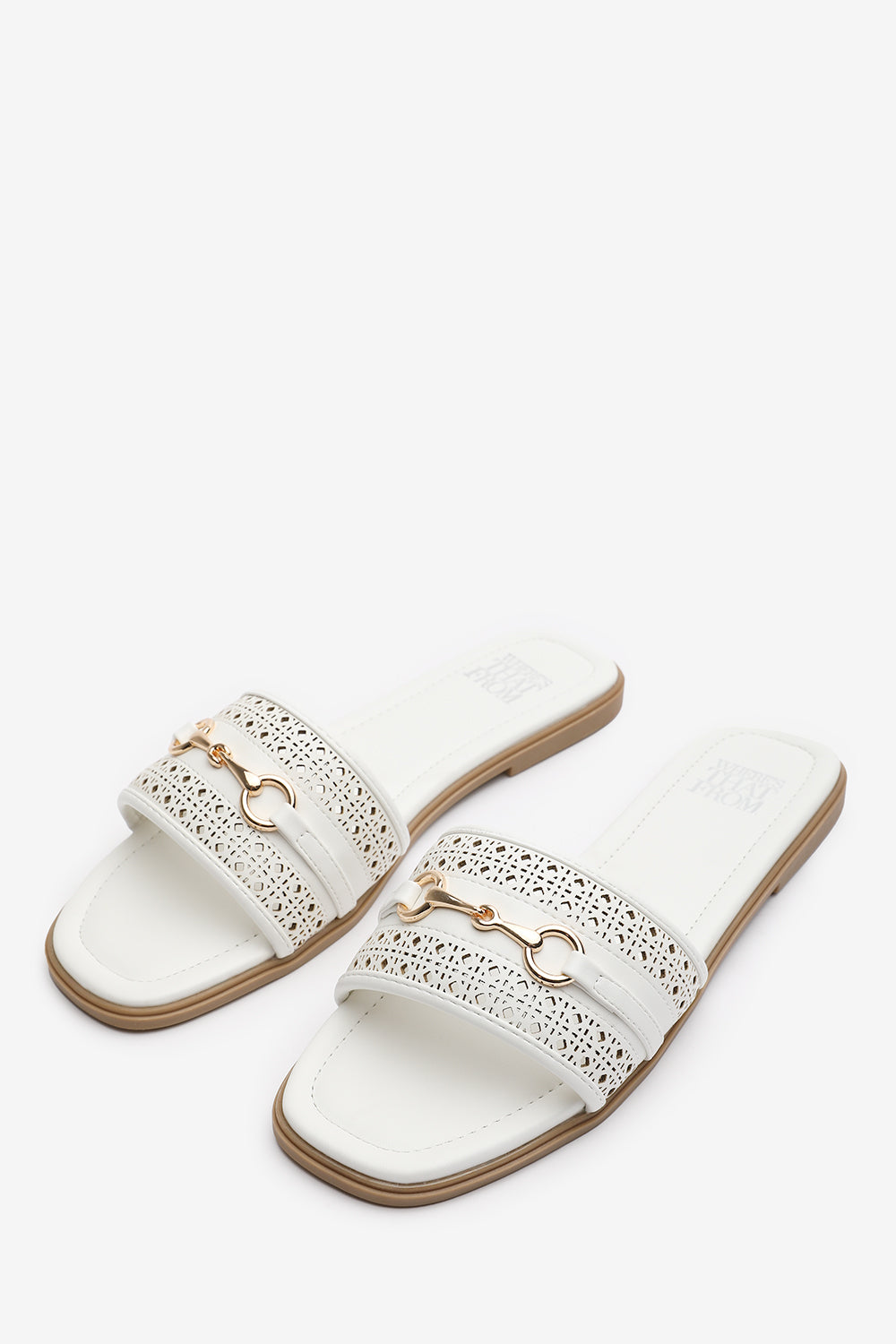 Mackenzie White Sliders With Geometric Strap And Metal Detail