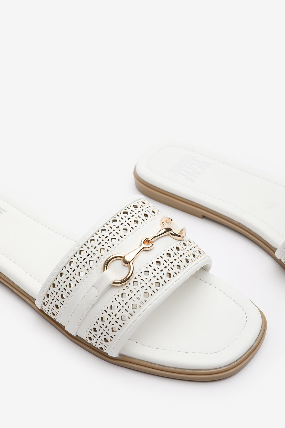 Mackenzie White Sliders With Geometric Strap And Metal Detail