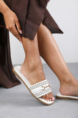 Mackenzie White Sliders With Geometric Strap And Metal Detail
