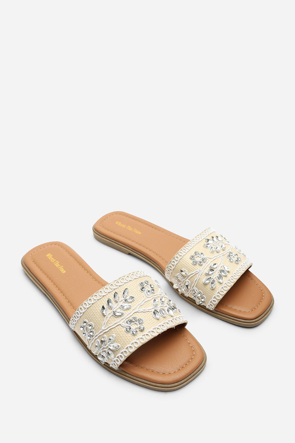 Karter Embellished Canvas Cream Slide On Sandals