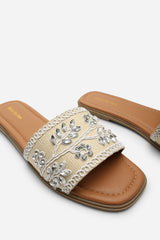 Karter Embellished Canvas Cream Slide On Sandals