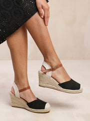 BLAKELY LOW WEDGE ESPADRILLE SANDALS WITH CLOSE TOE IN BLACK SUEDE