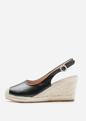 NEVADA SLINGBACK WITH DIAMANTE FLOWER BUCKLE ESPADRILLE WEDGES IN BLACK FAUX LEATHER