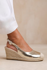 NEVADA SLINGBACK WITH DIAMANTE FLOWER BUCKLE ESPADRILLE WEDGES IN GOLD METALLIC FAUX LEATHER