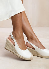 NEVADA SLINGBACK WITH DIAMANTE FLOWER BUCKLE ESPADRILLE WEDGES IN WHITE FAUX LEATHER