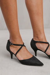 KENNEDI LOW KITTEN HEEL WITH CROSSOVER STRAP IN BLACK SUEDE
