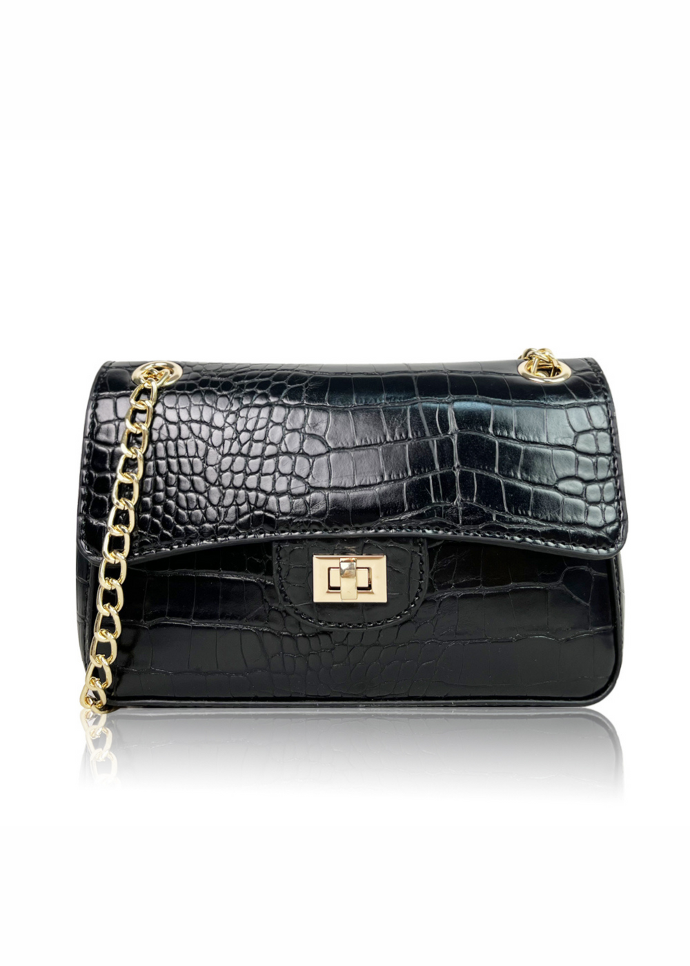 CALYPSO SHOULDER BAG WITH CHAIN AND BUCKLE DETAIL IN BLACK CROC