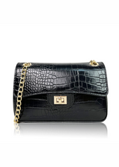 CALYPSO SHOULDER BAG WITH CHAIN AND BUCKLE DETAIL IN BLACK CROC