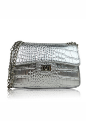 CALYPSO SHOULDER BAG WITH CHAIN AND BUCKLE DETAIL IN SILVER CROC